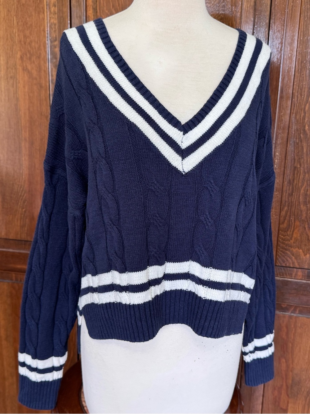 Cropped Varsity Sweater Jessica Simpson Navy Cable Knit V Neck Striped Small